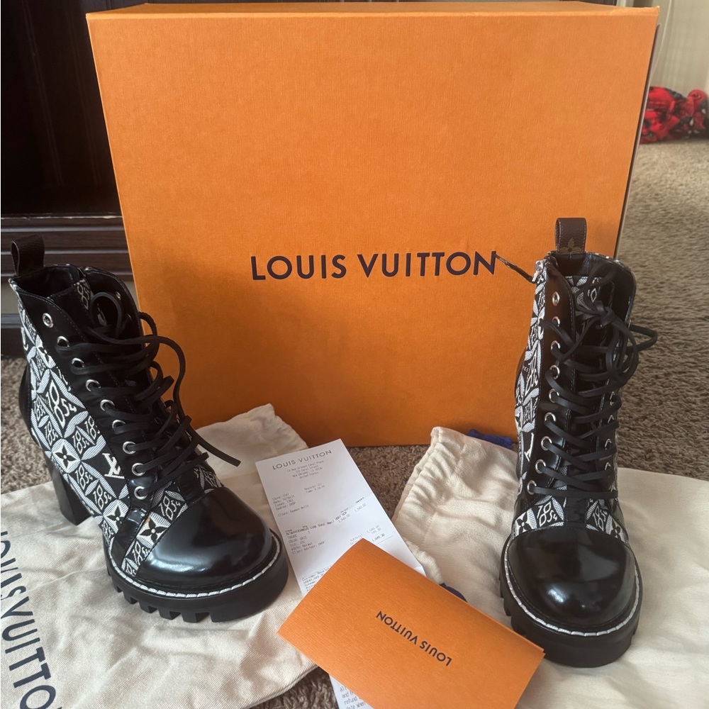 Louis Vuitton Monogram Black and White Lace-Up Boots